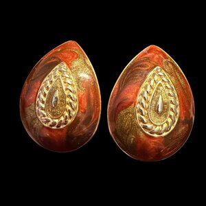 VTG pear shape enamel clip on earrings rust gold Made USA glittery 1.25" y2k